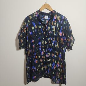 Cabi Button Down Blouse Size M Abstract Print Batwing Short Sleeve Top